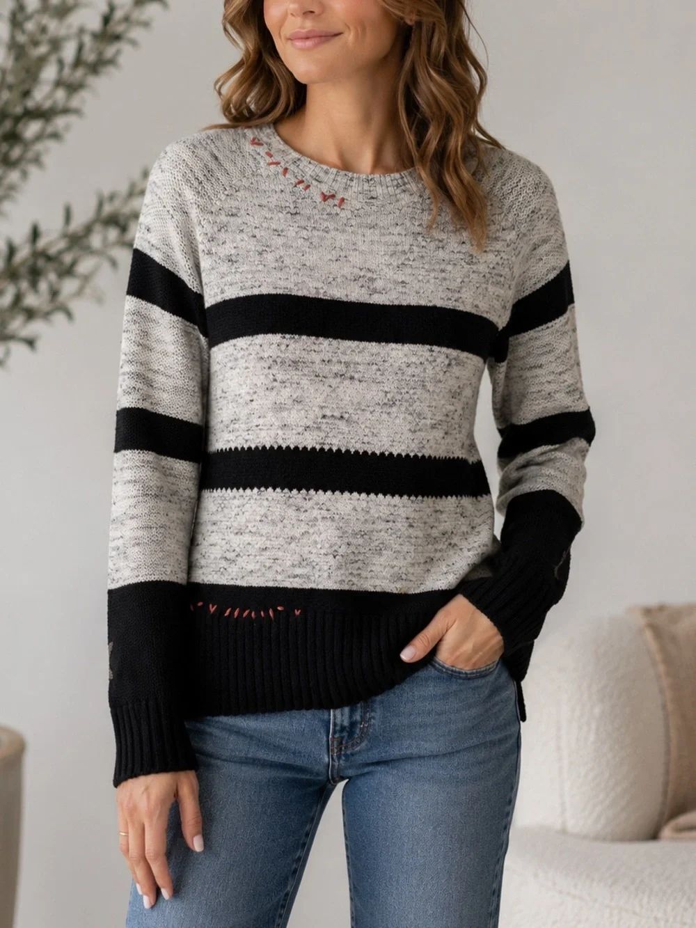 Lisa Todd Black Gray Striped Cotton Knit Sweater Embroidered Detail Size S